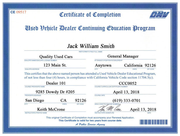 used vehicle dealer continuing education program certificate of completion