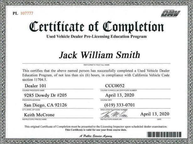 used vehicle dealer pre licensing education program certificate