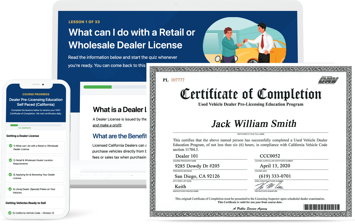 Photo of the Used Vehicle Dealer Pre-License Education Program and Certificate