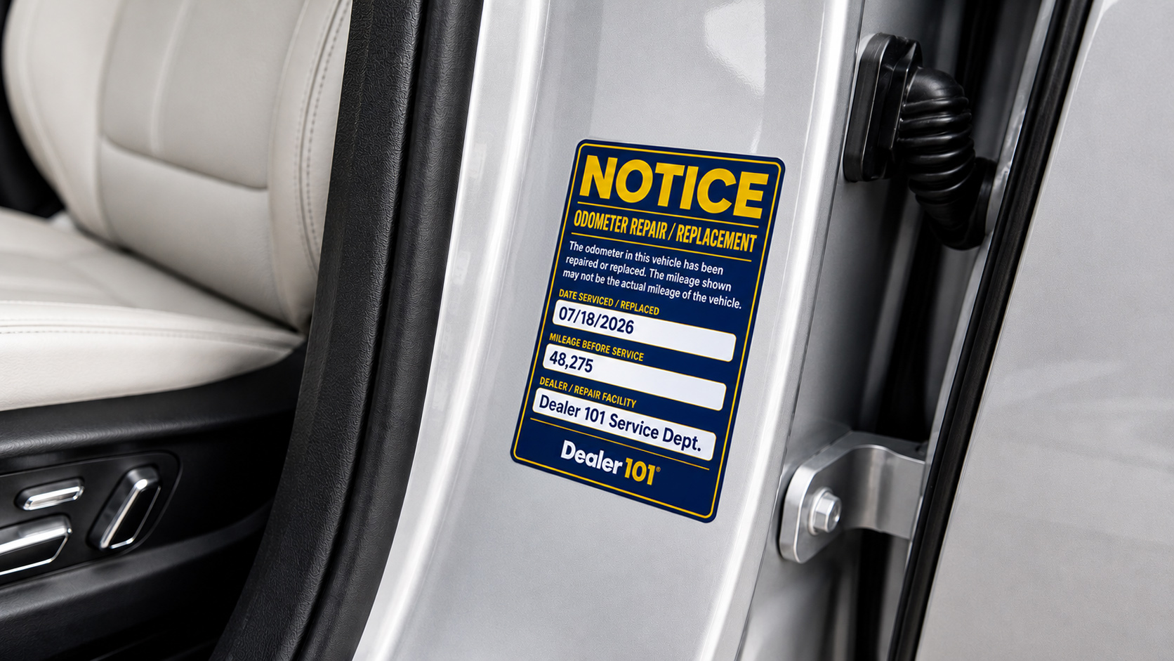 Written odometer replacement notice attached to the left doorframe of a vehicle showing prior mileage and the date of the work