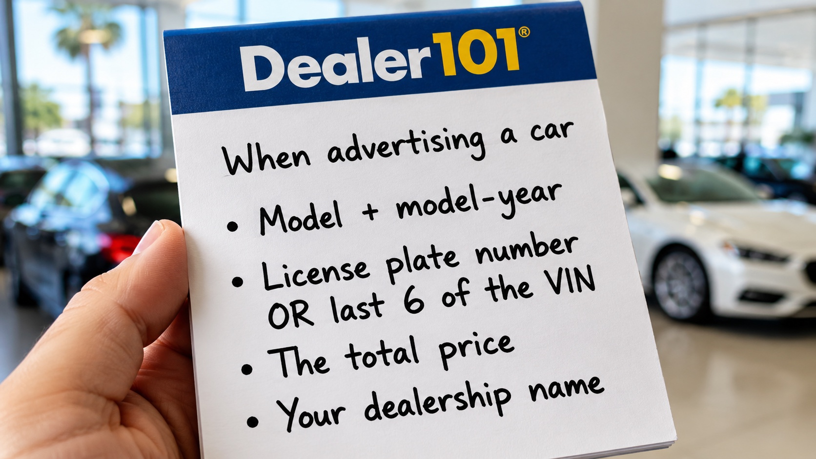 Handwritten Dealer 101 notepad checklist of what a California dealer ad must include: model and model-year, license plate number or last six of the VIN, the total price, and the dealership name