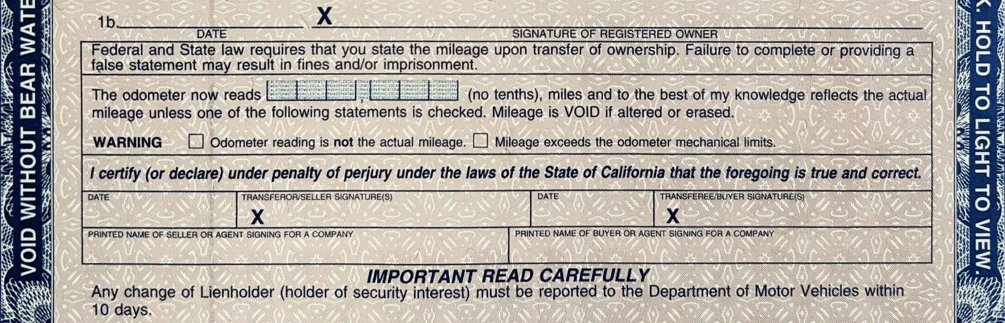 The odometer disclosure section on the front of a California Certificate of Title, showing the registered owner signature lines, the mileage statement, the two warning check boxes, and the seller and buyer signature boxes