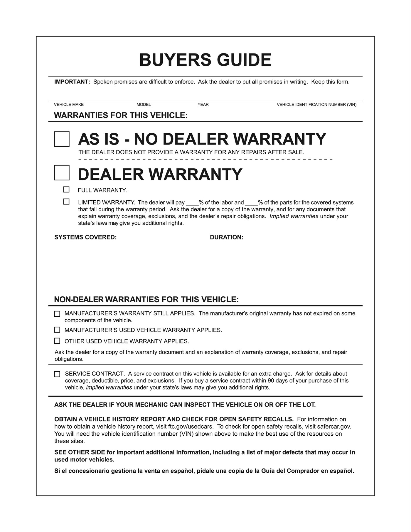The English AS IS version of the FTC Buyers Guide window form