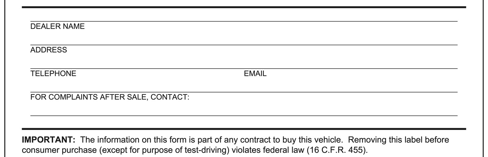 The bottom of the FTC Buyers Guide showing the dealer name, address, telephone, email and complaint contact fields