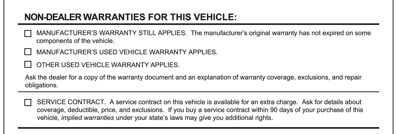 The non-dealer warranties and service contract section of the FTC Buyers Guide