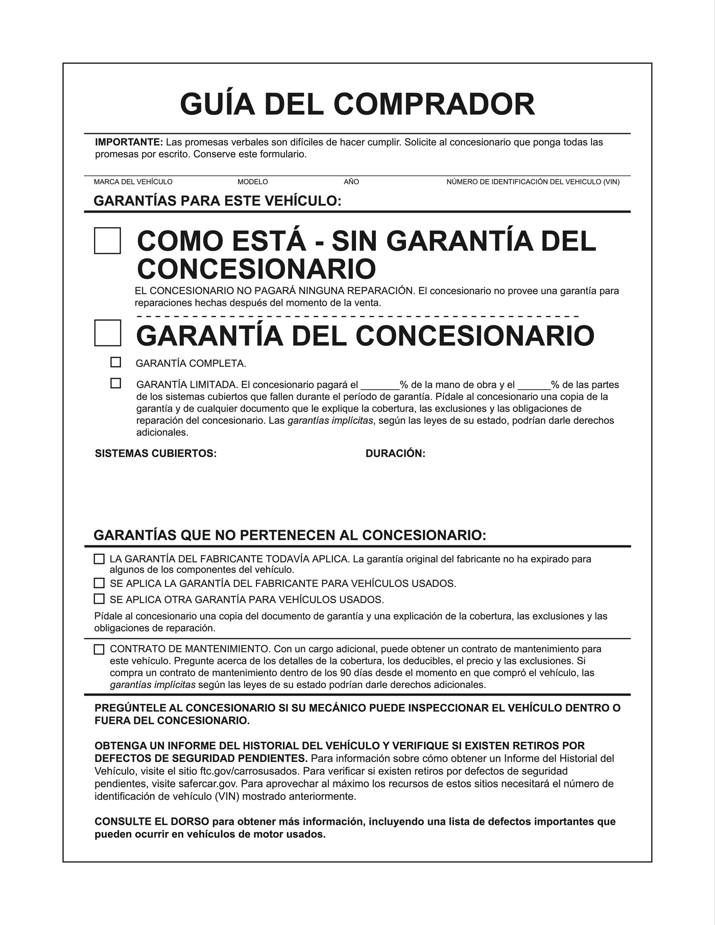 The Spanish version of the FTC Buyers Guide window form, the Guia del Comprador