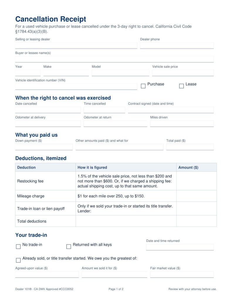 California 3-day cancellation receipt with itemized deductions, page 1