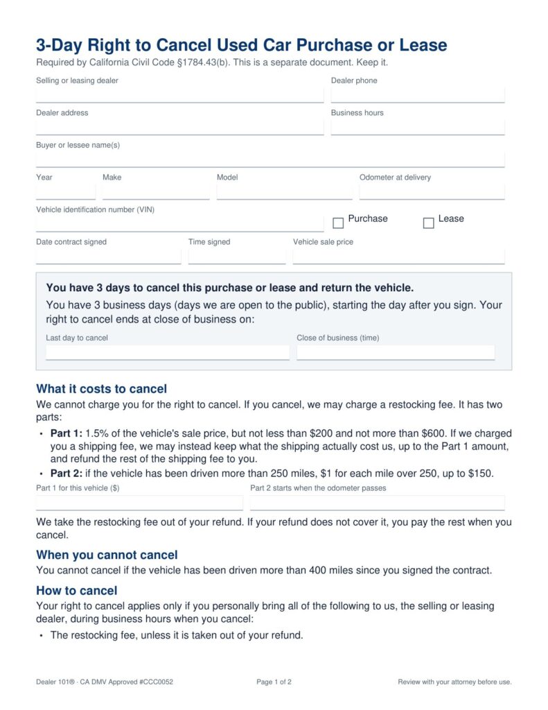 California 3-Day Right to Cancel Used Car Purchase or Lease form, page 1