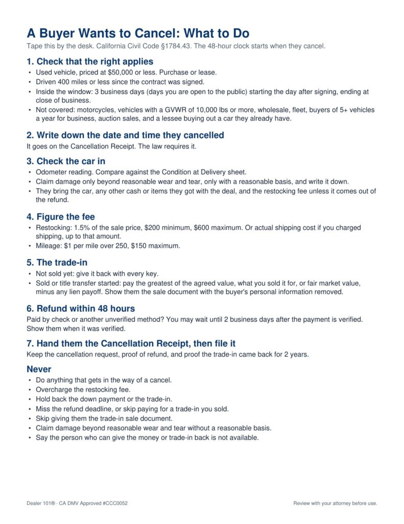 California dealer desk card: a buyer wants to cancel