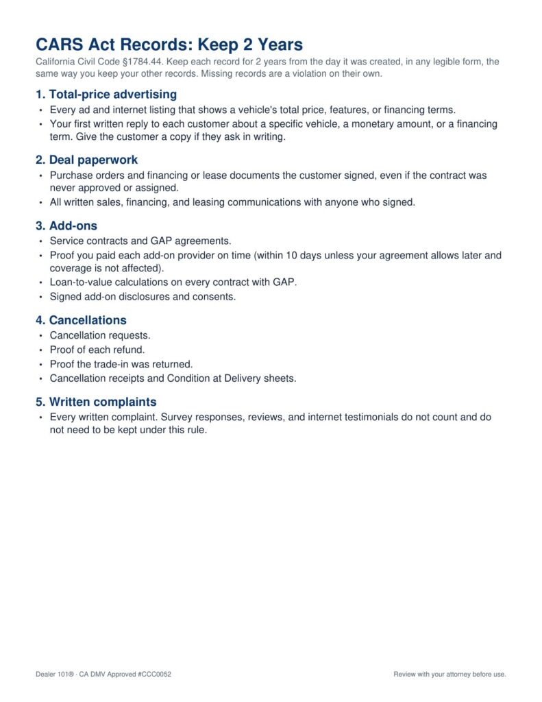 California CARS Act records checklist for dealers