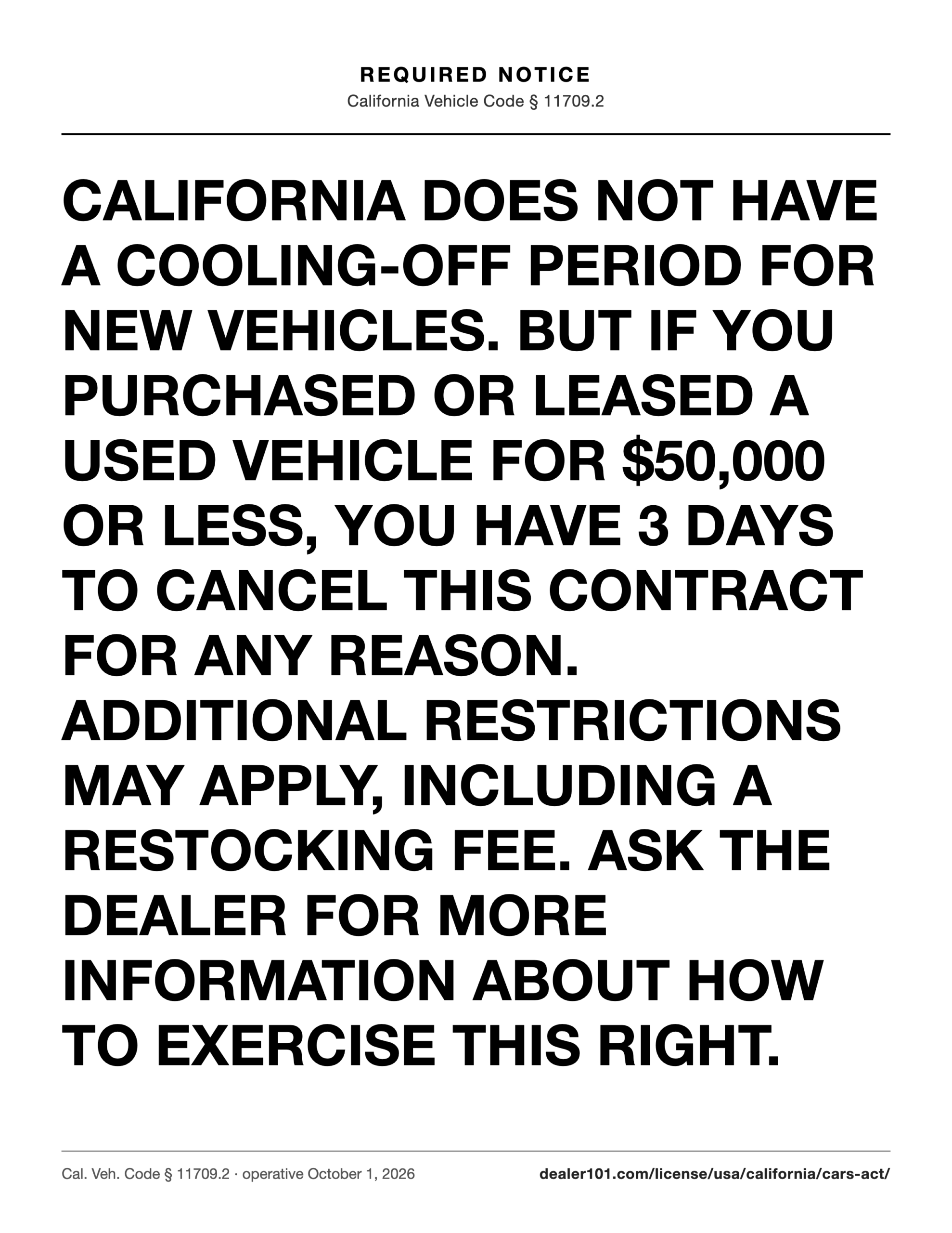 The cancellation notice a California Dealer must post in each sales office and cubicle from October 1, 2026, set in at least 36-point type