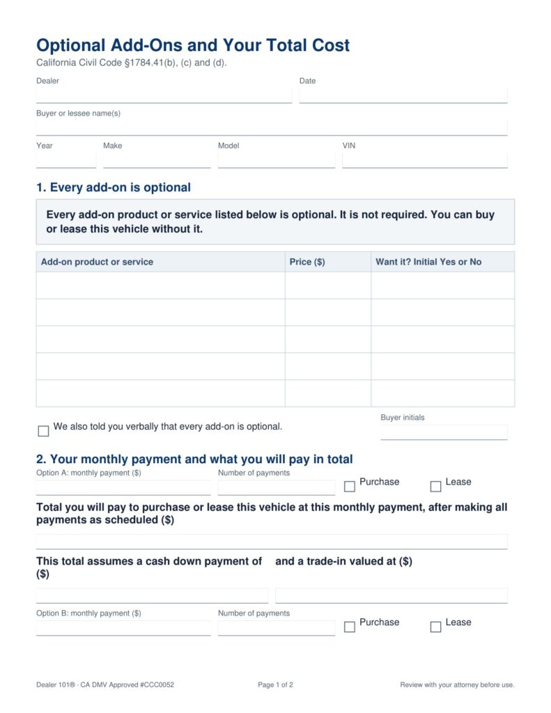 California optional add-ons and total cost disclosure form, page 1