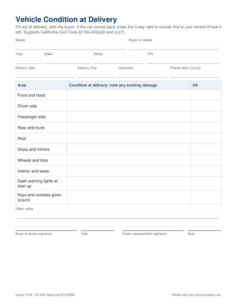 Vehicle condition at delivery sheet for used car dealers